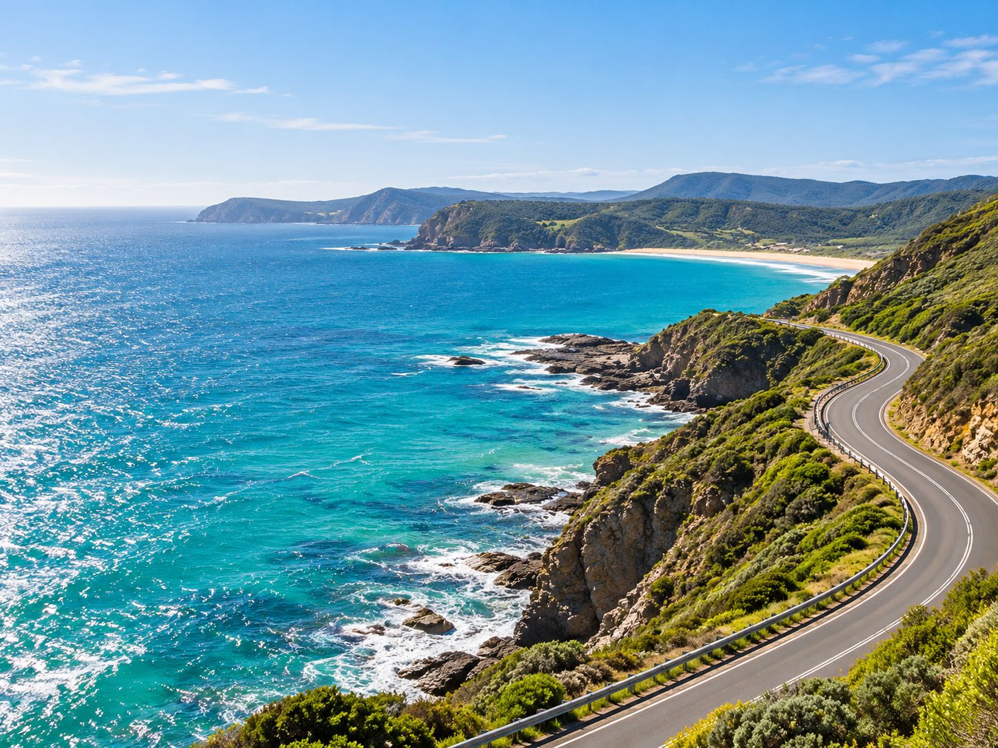 A winding coastal road beside turquoise water and green hills.